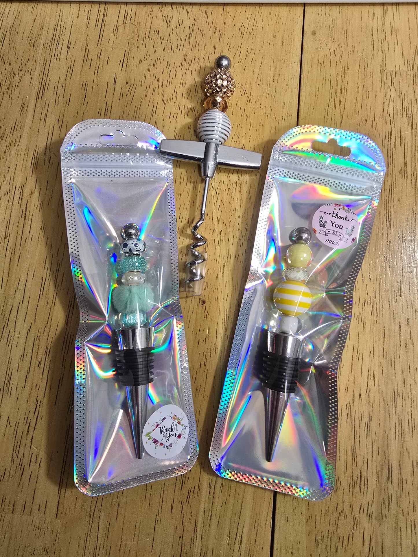 Bubblegum beaded wine stoppers and bottle opener