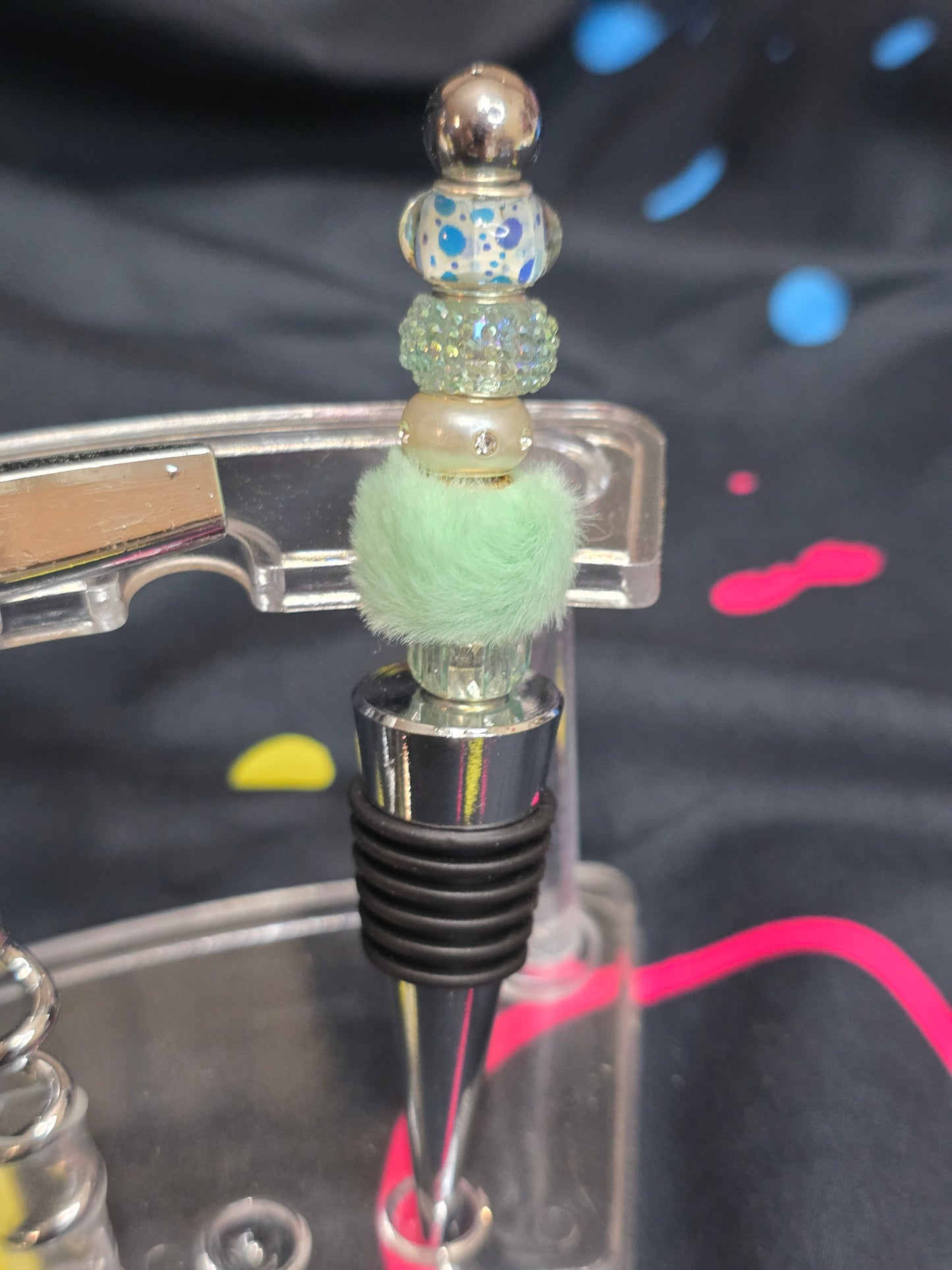 Bubblegum beaded wine stoppers and bottle opener