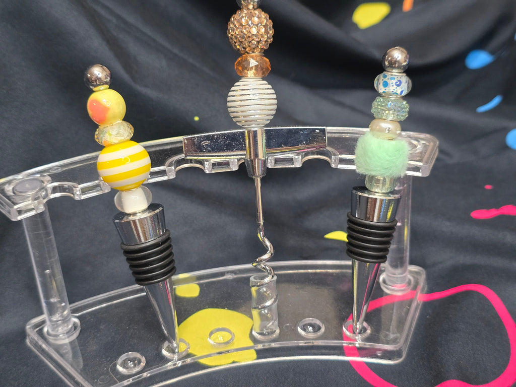 Bubblegum beaded wine stoppers and bottle opener