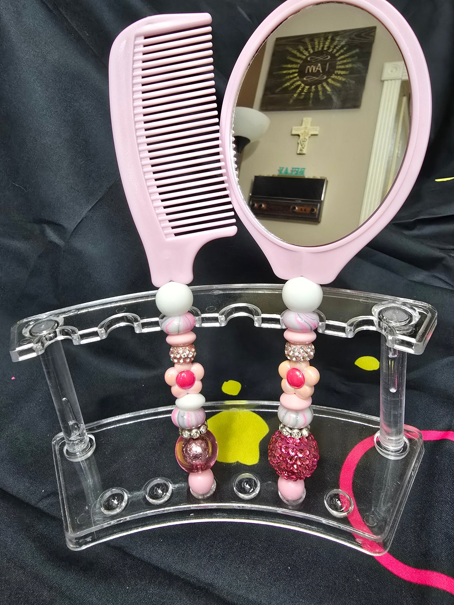 Bubblegum beaded mirror and comb sets